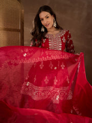 Floral Embroidered Notch Neck Zari Anarkali Kurta With Dhoti Pants & Dupatta