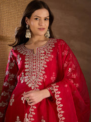 Floral Embroidered Notch Neck Zari Anarkali Kurta With Dhoti Pants & Dupatta