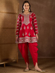 Floral Embroidered Notch Neck Zari Anarkali Kurta With Dhoti Pants & Dupatta