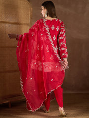 Floral Embroidered Notch Neck Zari Anarkali Kurta With Dhoti Pants & Dupatta