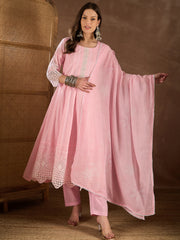 Women Ethnic Motif Embroidered Chikankari Kurta with Trousers & Dupatta