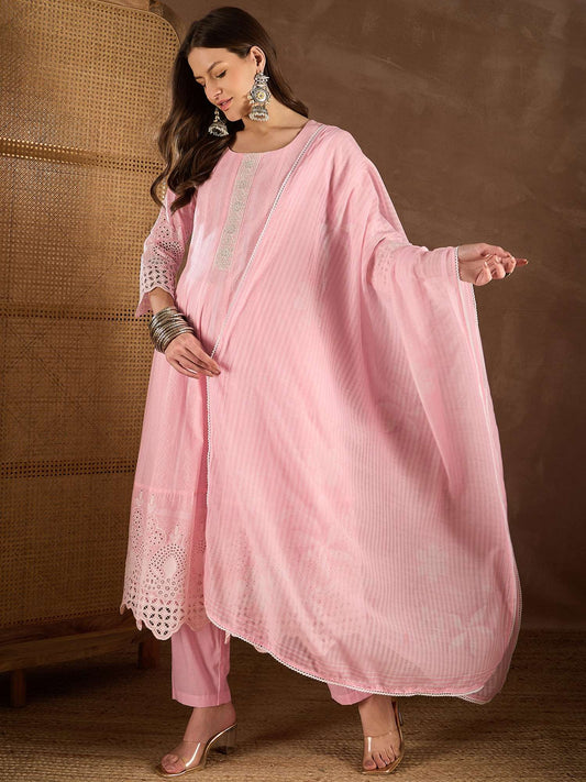 Women Ethnic Motif Embroidered Chikankari Kurta with Trousers & Dupatta