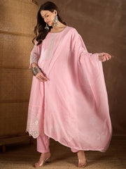 Women Ethnic Motif Embroidered Chikankari Kurta with Trousers & Dupatta