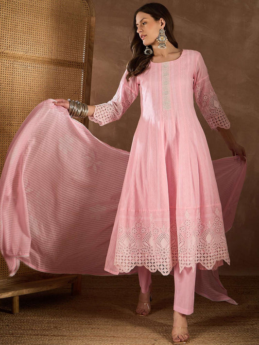 Women Ethnic Motif Embroidered Chikankari Kurta with Trousers & Dupatta