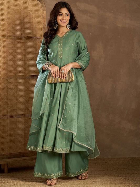 Women Ethnic Motifs Self Design Thread Work Kurta with Palazzos & With Dupatta