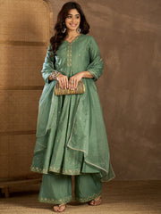 Women Ethnic Motifs Self Design Thread Work Kurta with Palazzos & With Dupatta