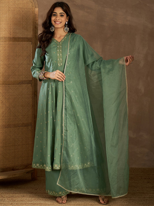 Women Ethnic Motifs Self Design Thread Work Kurta with Palazzos & With Dupatta