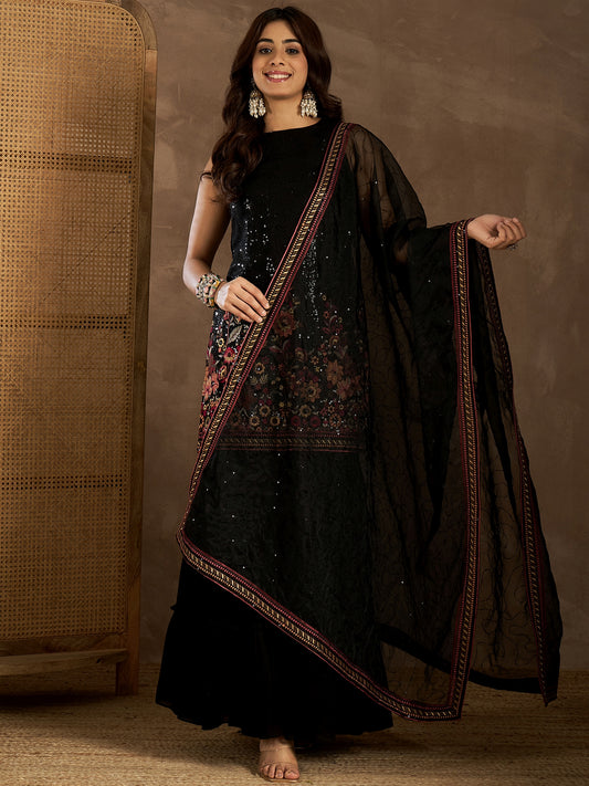Women Floral Embroidered Regular Sequinned Kurta with Sharara & Dupatta
