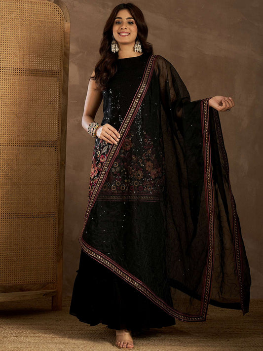 Women Floral Embroidered Regular Sequinned Kurta with Sharara & Dupatta