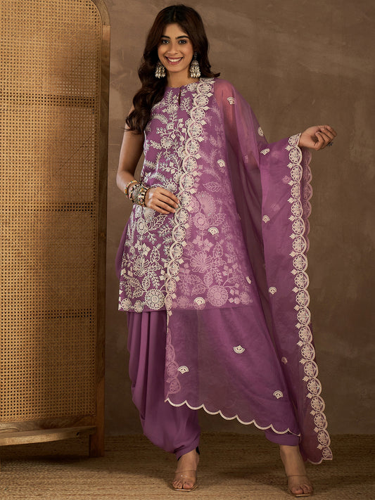 Floral Embroidered Thread Work Kurta With Patiala & Dupatta