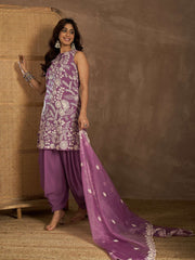 Floral Embroidered Thread Work Kurta With Patiala & Dupatta