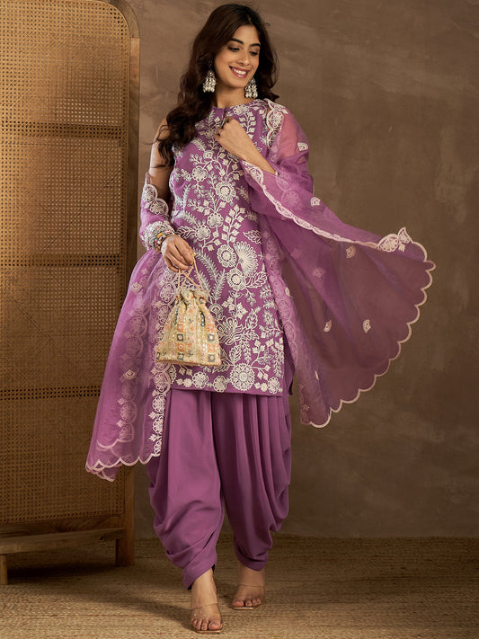 Floral Embroidered Thread Work Kurta With Patiala & Dupatta
