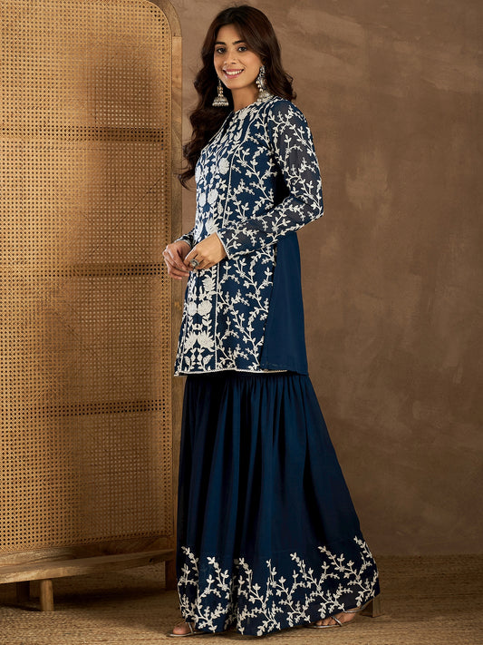Embroidered Round Neck Top With Palazzos Co-Ords Set