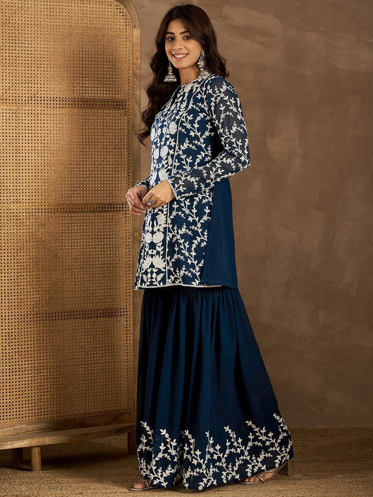Embroidered Round Neck Top With Palazzos Co-Ords Set