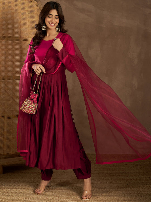 Women Round Neck Anarkali Kurta with Trousers & Dupatta