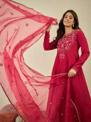 Women Floral Yoke Design Anarkali Kurta with Trousers & Dupatta