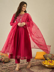 Women Floral Yoke Design Anarkali Kurta with Trousers & Dupatta