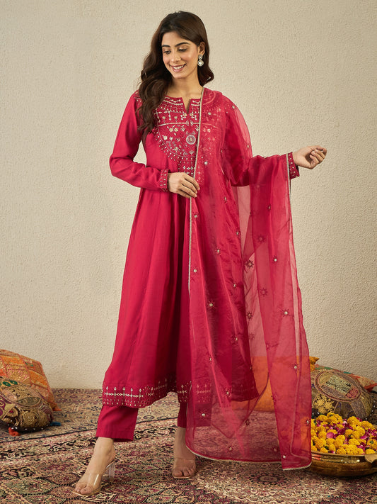 Women Floral Yoke Design Anarkali Kurta with Trousers & Dupatta