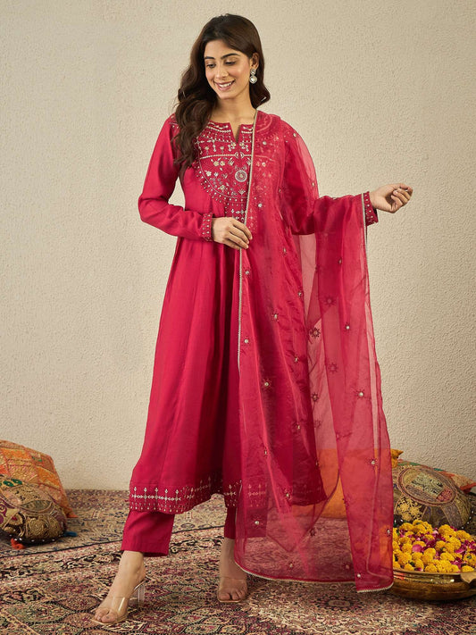 Women Floral Yoke Design Anarkali Kurta with Trousers & Dupatta