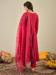 Women Floral Yoke Design Anarkali Kurta with Trousers & Dupatta