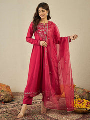 Women Floral Yoke Design Anarkali Kurta with Trousers & Dupatta