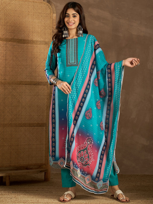 Ethnic Motifs Printed Round Neck Georgette Straight Kurta With Trousers & Dupatta