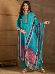 Ethnic Motifs Printed Round Neck Georgette Straight Kurta With Trousers & Dupatta