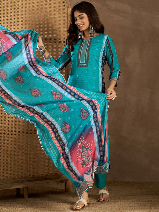 Ethnic Motifs Printed Round Neck Georgette Straight Kurta With Trousers & Dupatta