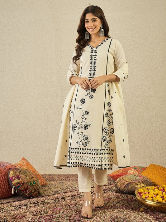 Floral Embroidered Thread Work Straight Kurta With Trousers & Dupatta