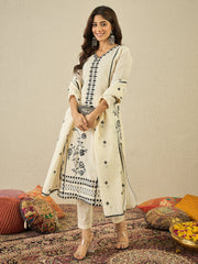 Floral Embroidered Thread Work Straight Kurta With Trousers & Dupatta