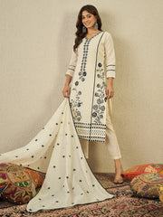 Floral Embroidered Thread Work Straight Kurta With Trousers & Dupatta