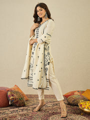Floral Embroidered Thread Work Straight Kurta With Trousers & Dupatta