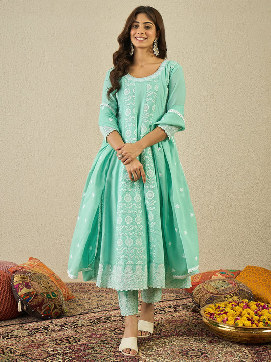 Floral Embroidered Chikankari Anarkali Kurta With Trousers & Dupatta