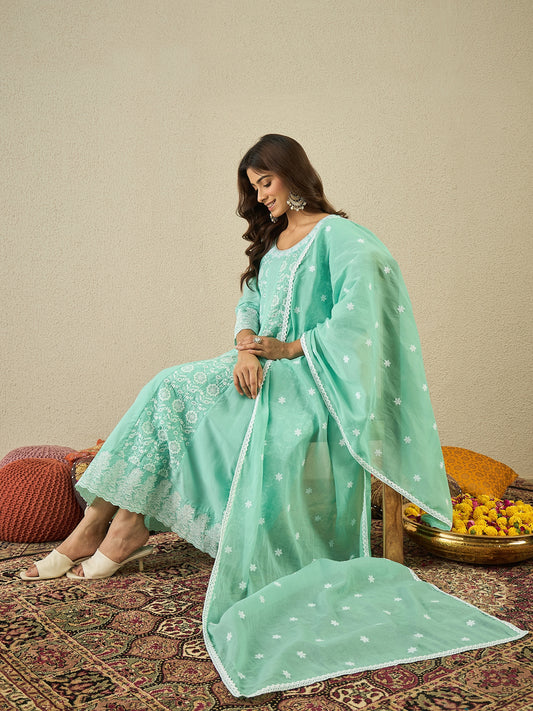 Floral Embroidered Chikankari Anarkali Kurta With Trousers & Dupatta