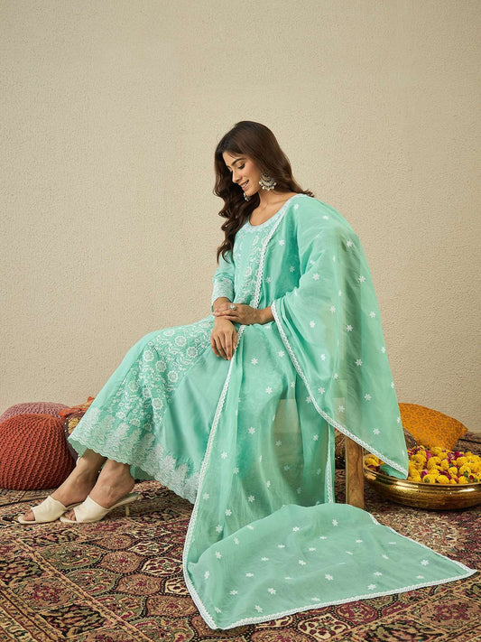 Floral Embroidered Chikankari Anarkali Kurta With Trousers & Dupatta