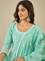 Floral Embroidered Chikankari Anarkali Kurta With Trousers & Dupatta