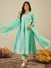 Floral Embroidered Chikankari Anarkali Kurta With Trousers & Dupatta
