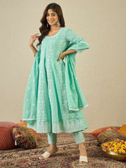 Floral Embroidered Chikankari Anarkali Kurta With Trousers & Dupatta