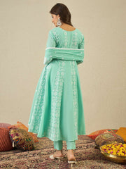 Floral Embroidered Chikankari Anarkali Kurta With Trousers & Dupatta
