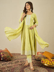 Women Floral Embroidered Regular Chikankari Kurta with Trousers & Dupatta
