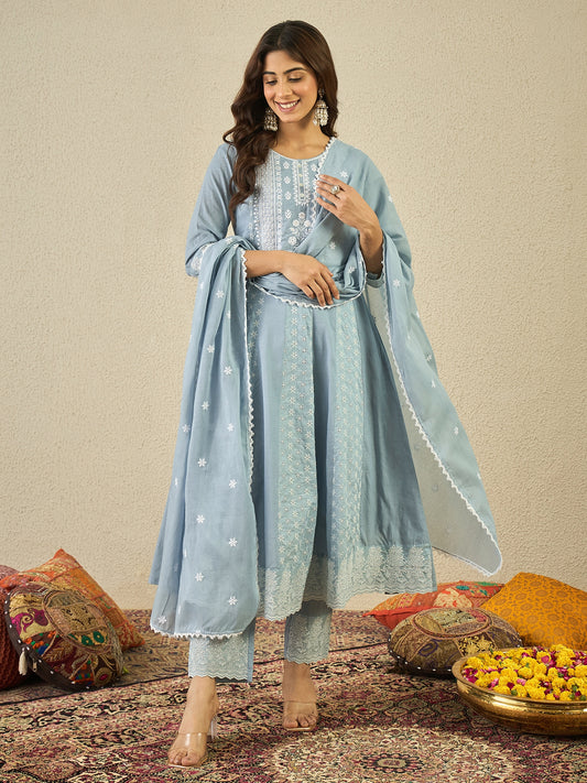 Floral Embroidered Chikankari Anarkali Kurta With Trousers & Dupatta