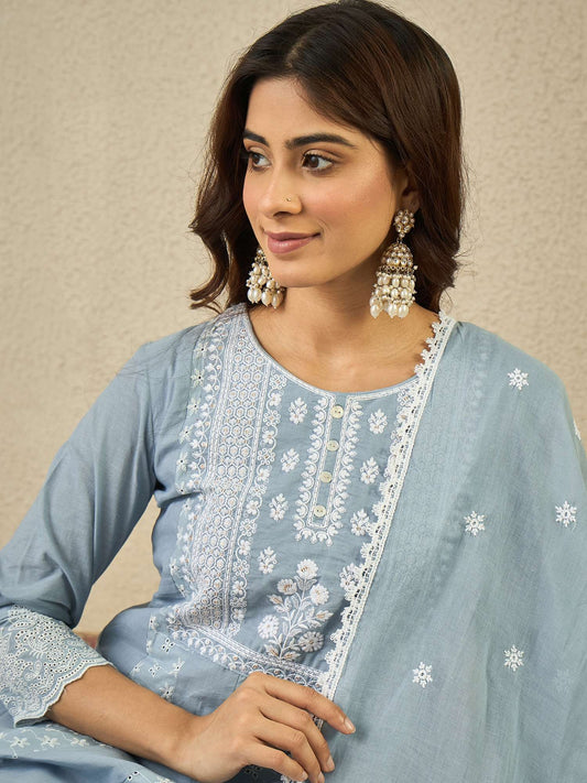 Floral Embroidered Chikankari Anarkali Kurta With Trousers & Dupatta