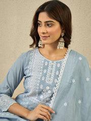 Floral Embroidered Chikankari Anarkali Kurta With Trousers & Dupatta