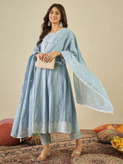 Floral Embroidered Chikankari Anarkali Kurta With Trousers & Dupatta