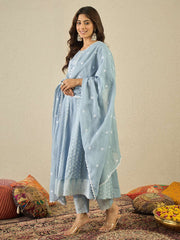 Floral Embroidered Chikankari Anarkali Kurta With Trousers & Dupatta