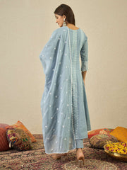 Floral Embroidered Chikankari Anarkali Kurta With Trousers & Dupatta