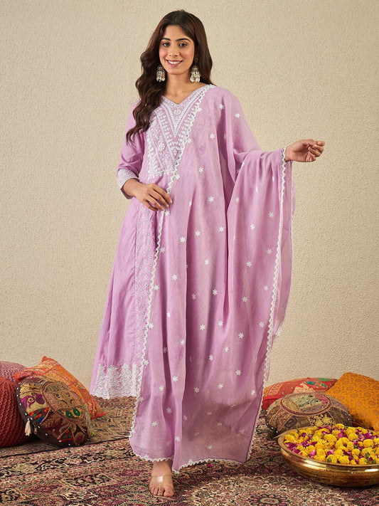 Women Floral Embroidered Chikankari Kurta with Trousers & Dupatta