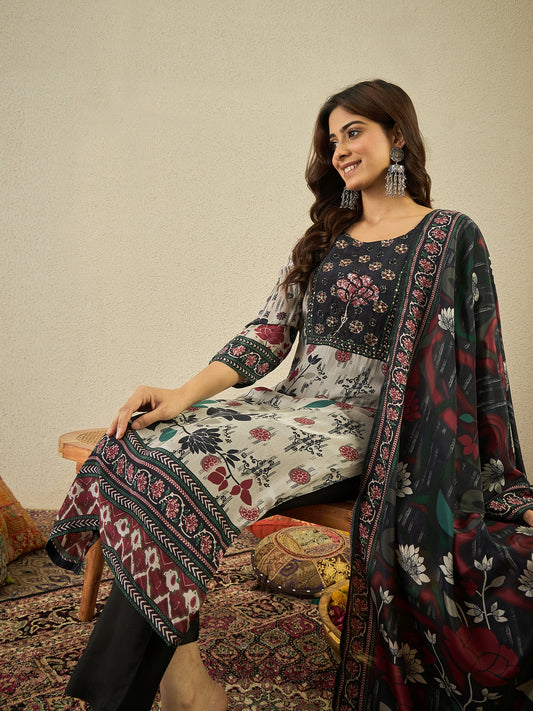 Women Ethnic Motifs Printed Sequinned Pure Cotton Kurta & Trousers With Dupatta