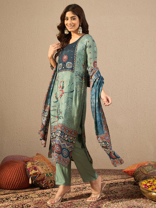 Women Ethnic Motifs Printed Regular Sequinned Kurta with Trousers & Dupatta