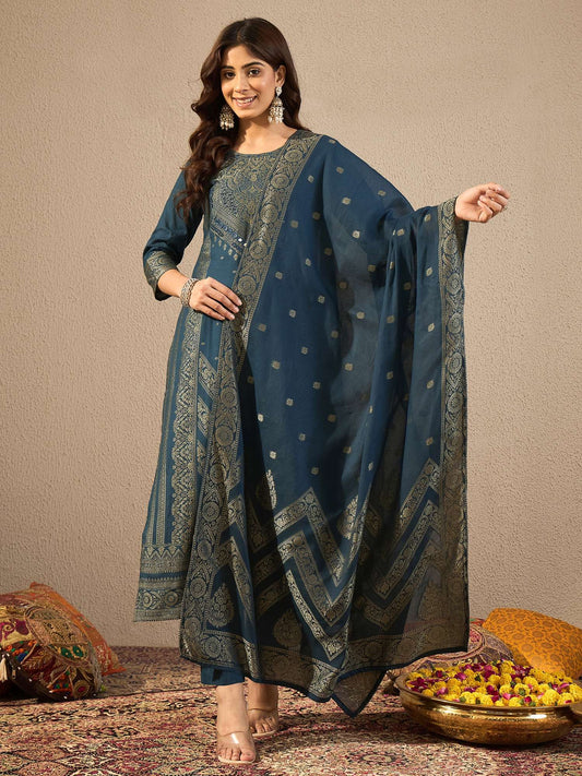 Ethnic Motifs Woven Design Notch Neck Straight Kurta With Trousers & Dupatta